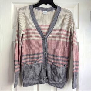 Abercrombie Kids Cream, Gray and Pink Striped Cardigan Size 11/12